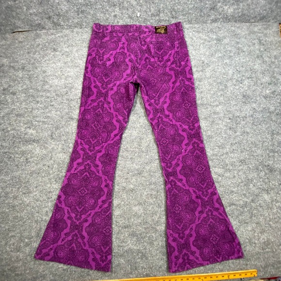 Run & Fly Pants - Run & Fly Purple Paisley Corduroy Flare Bell Bottom Pants Size 34L Made in UK